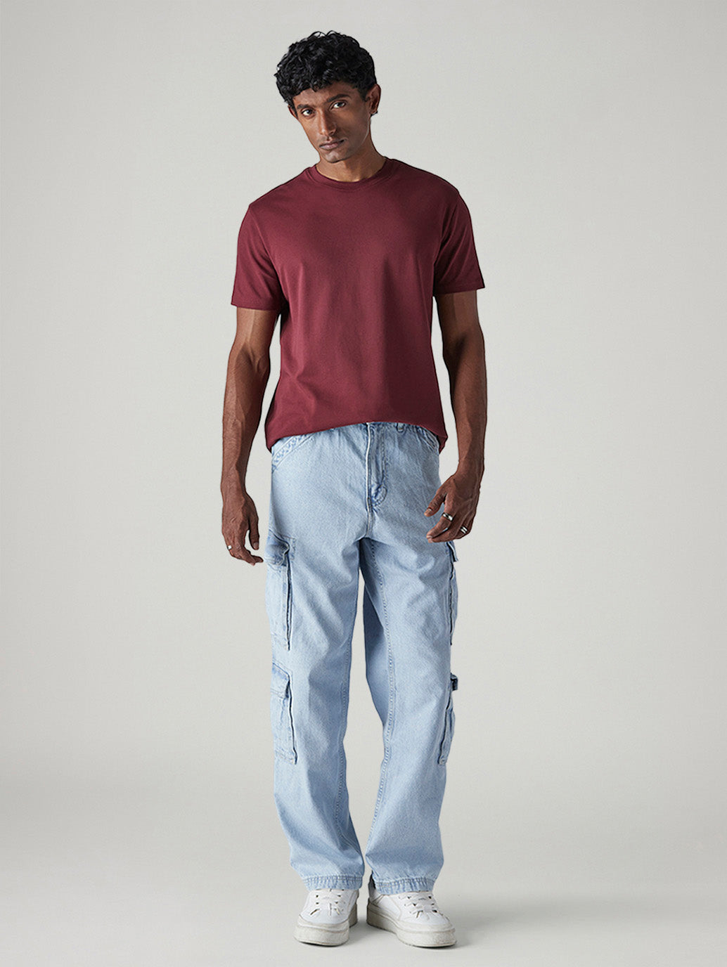 Men's 568 Light Blue Loose Fit Mid Rise Cargos - Front View