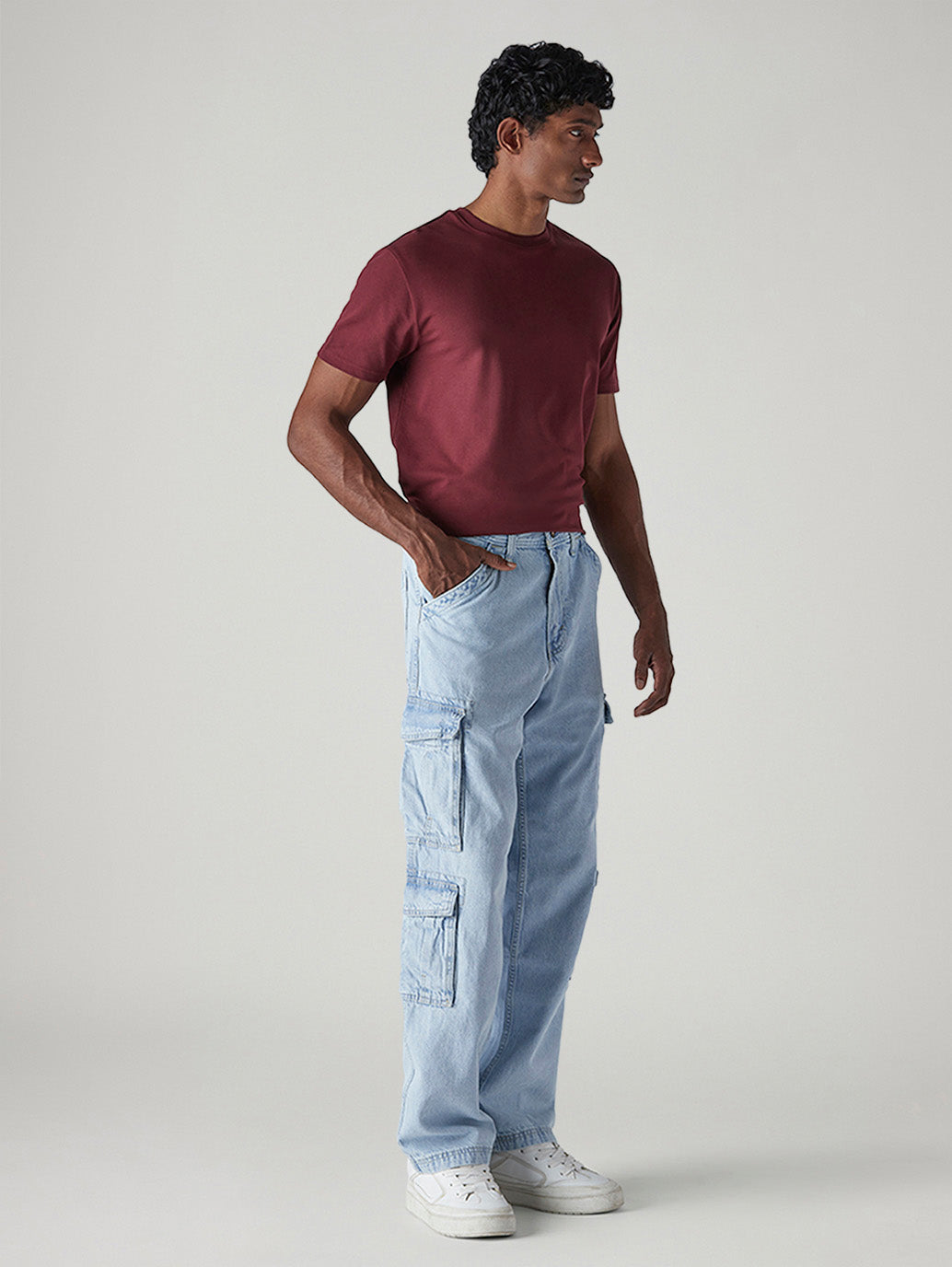 Men's 568 Light Blue Loose Fit Mid Rise Cargos - Side View