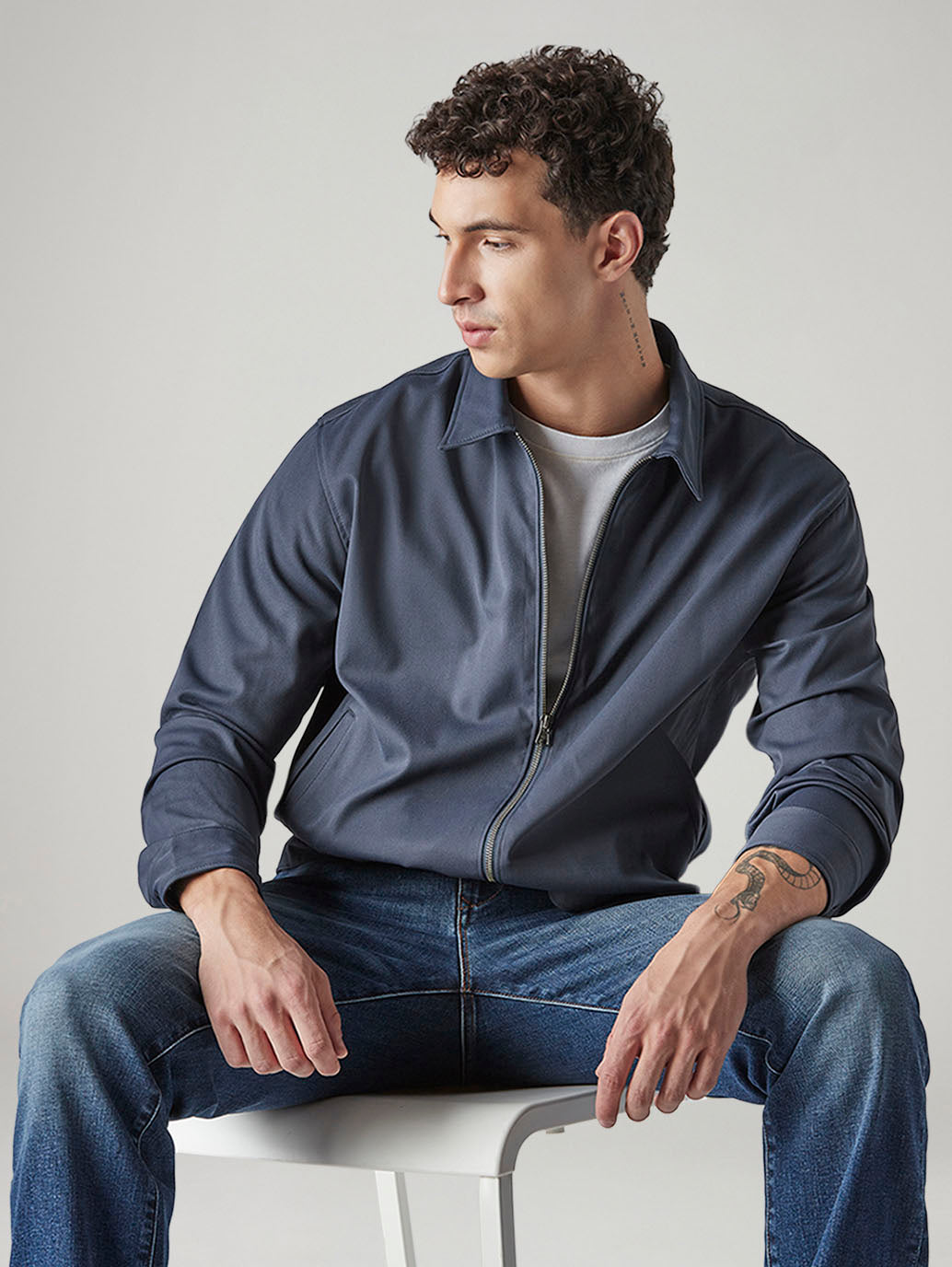 Men's Solid Regular Fit Redloop Denim Tech Jacket - Styleshot View