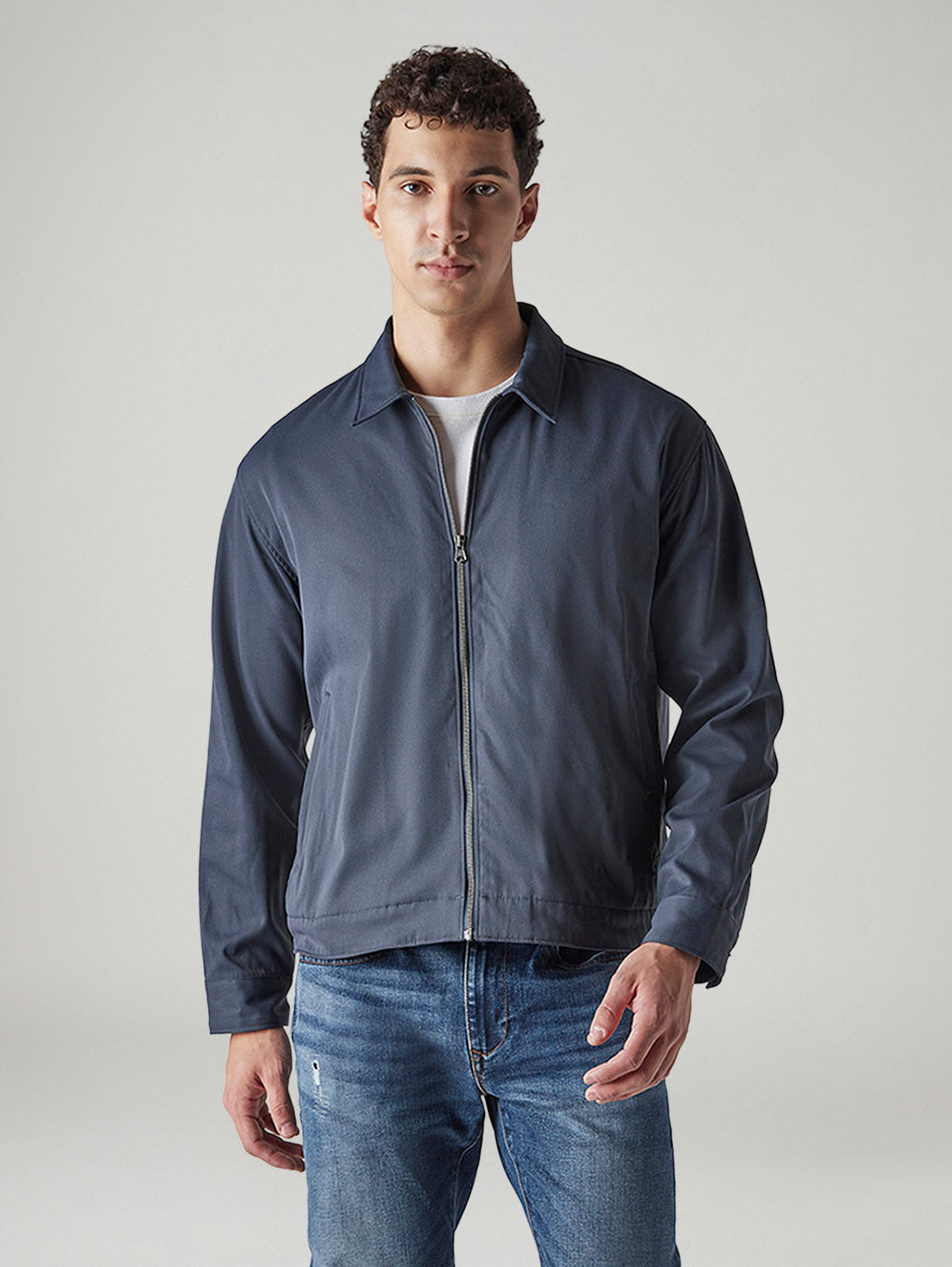 Men's Solid Regular Fit Redloop Denim Tech Jacket - Front View
