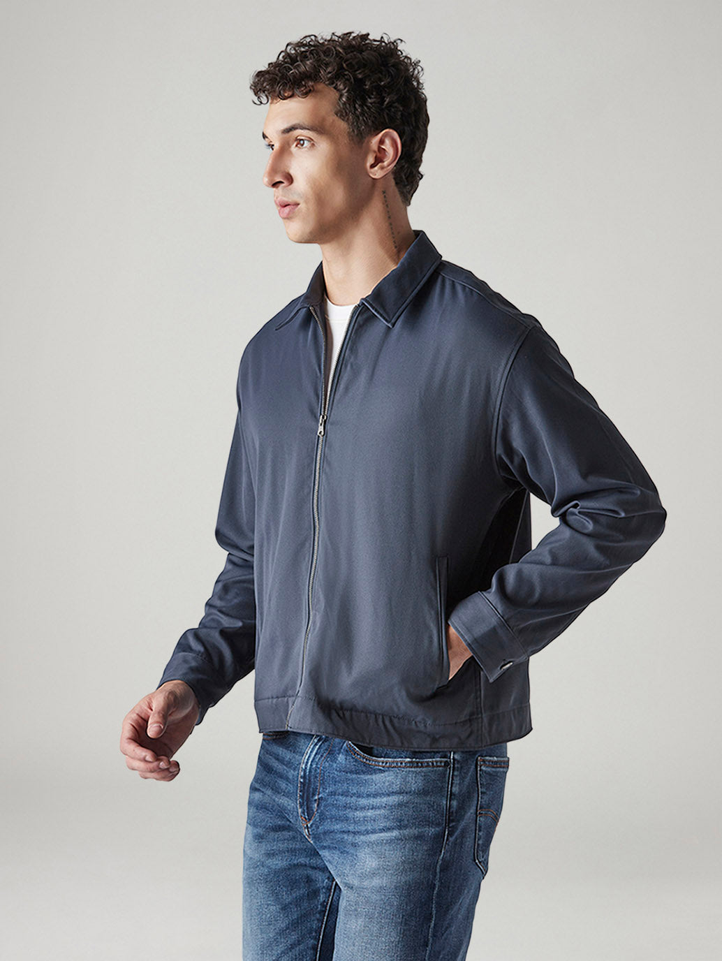 Men's Solid Regular Fit Redloop Denim Tech Jacket - Side View