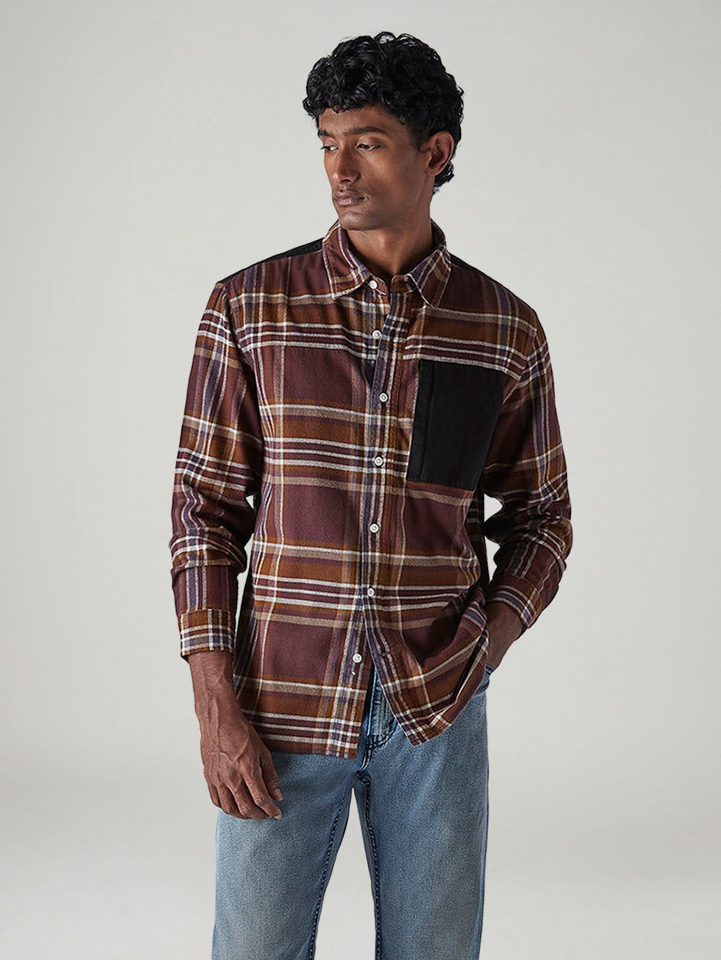 Men's Brown Checkered Relaxed Fit Utility Shirt