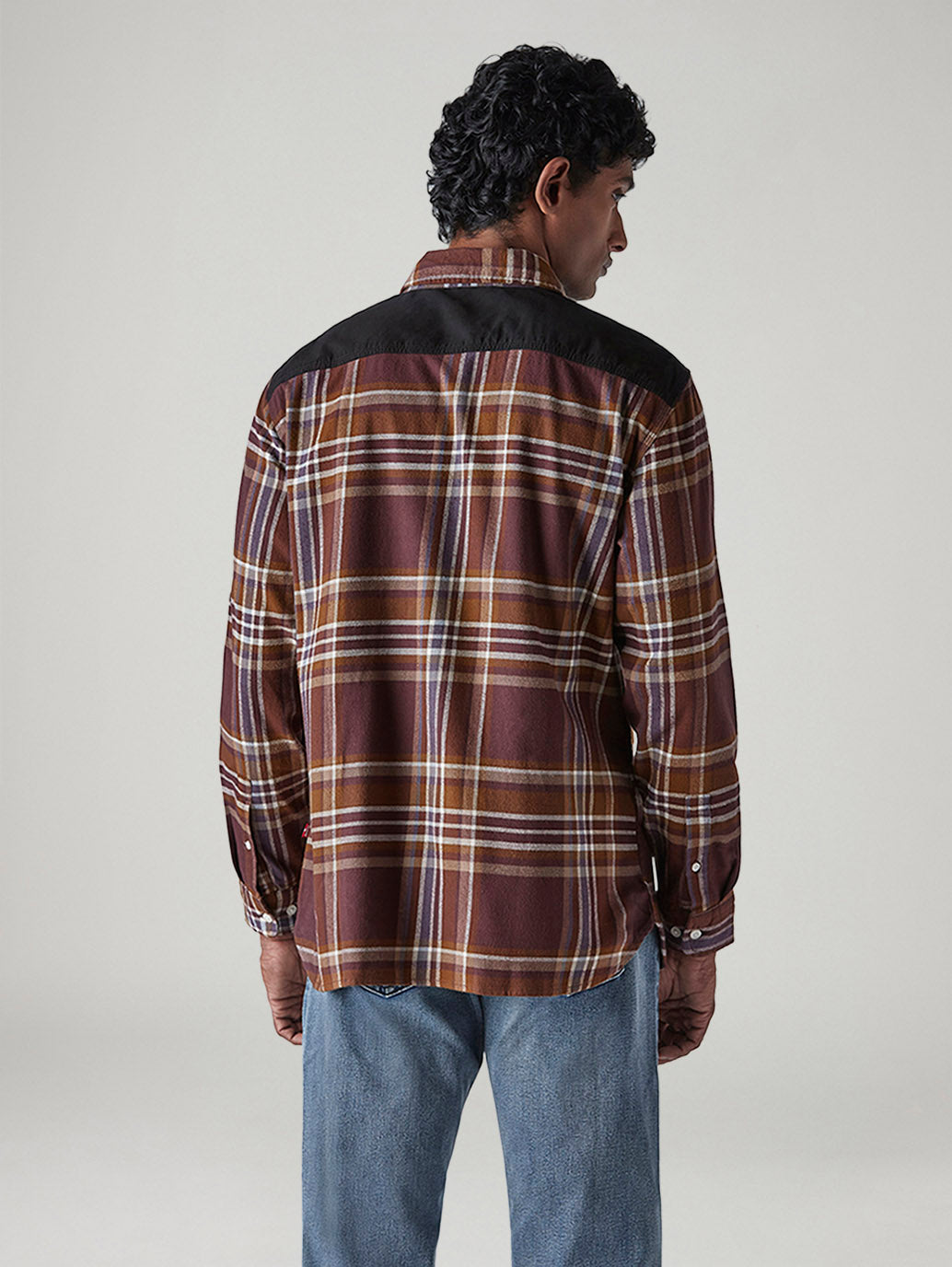 Men's Brown Checkered Relaxed Fit Utility Shirt - Back View