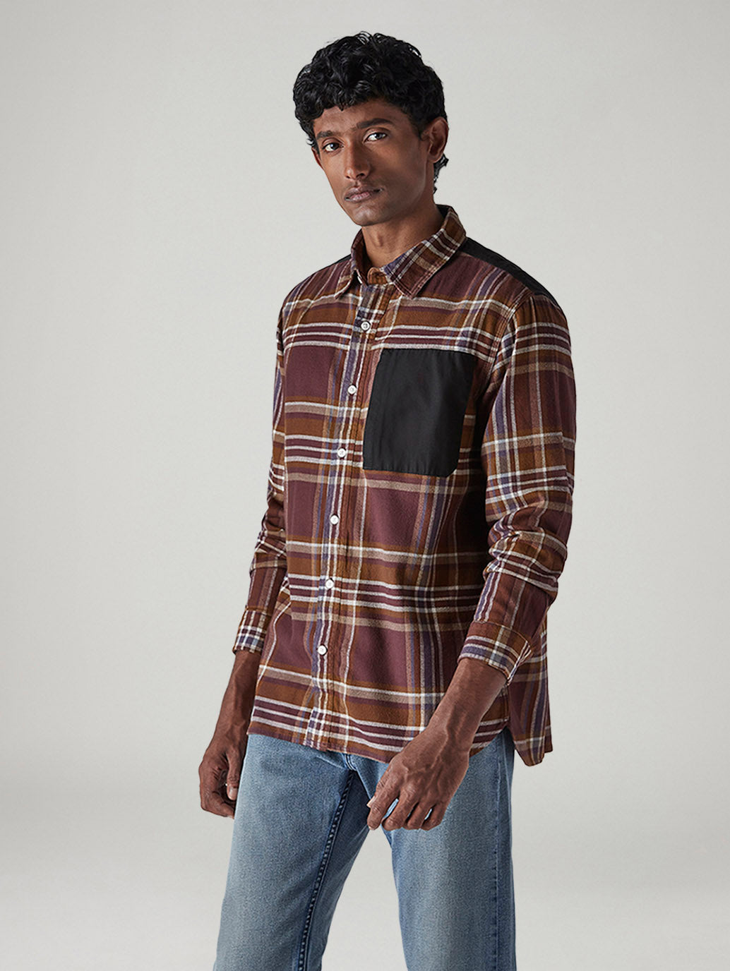 Men's Brown Checkered Relaxed Fit Utility Shirt - Side View