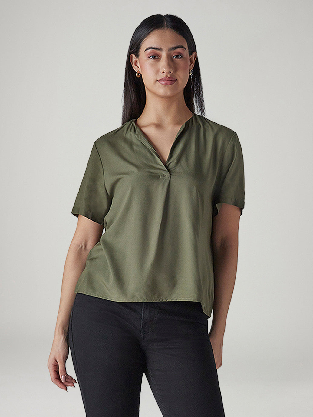 Women's Solid Olive V-Neck Poplin Top - Styleshot View