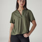 Women's Solid Olive V-Neck Poplin Top - Front View