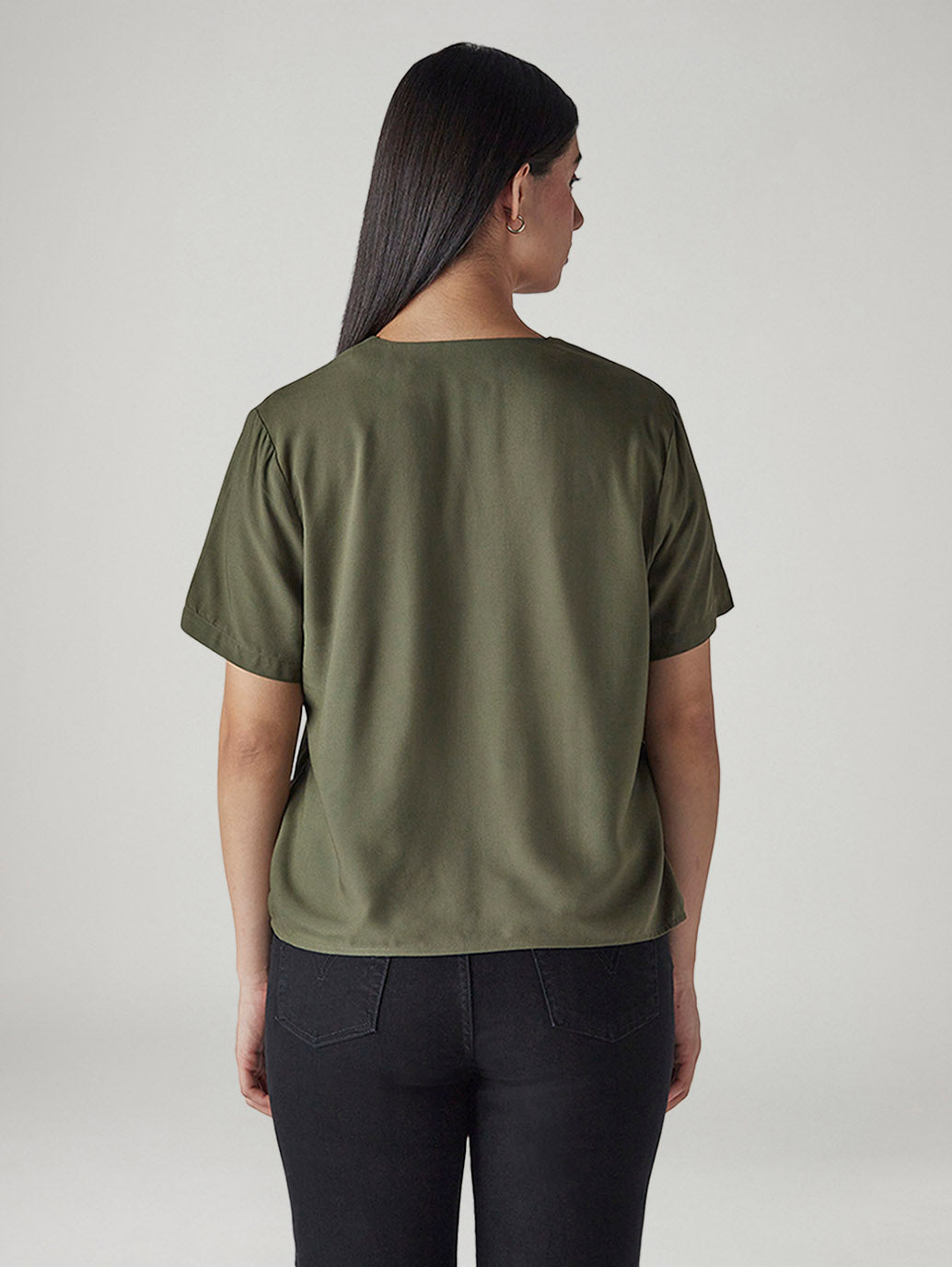 Women's Solid Olive V-Neck Poplin Top - Back View