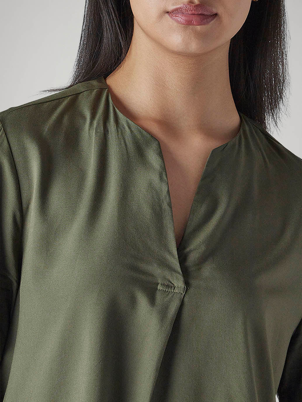 Women's Solid Olive V-Neck Poplin Top - Detail View