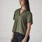 Women's Solid Olive V-Neck Poplin Top - Side View