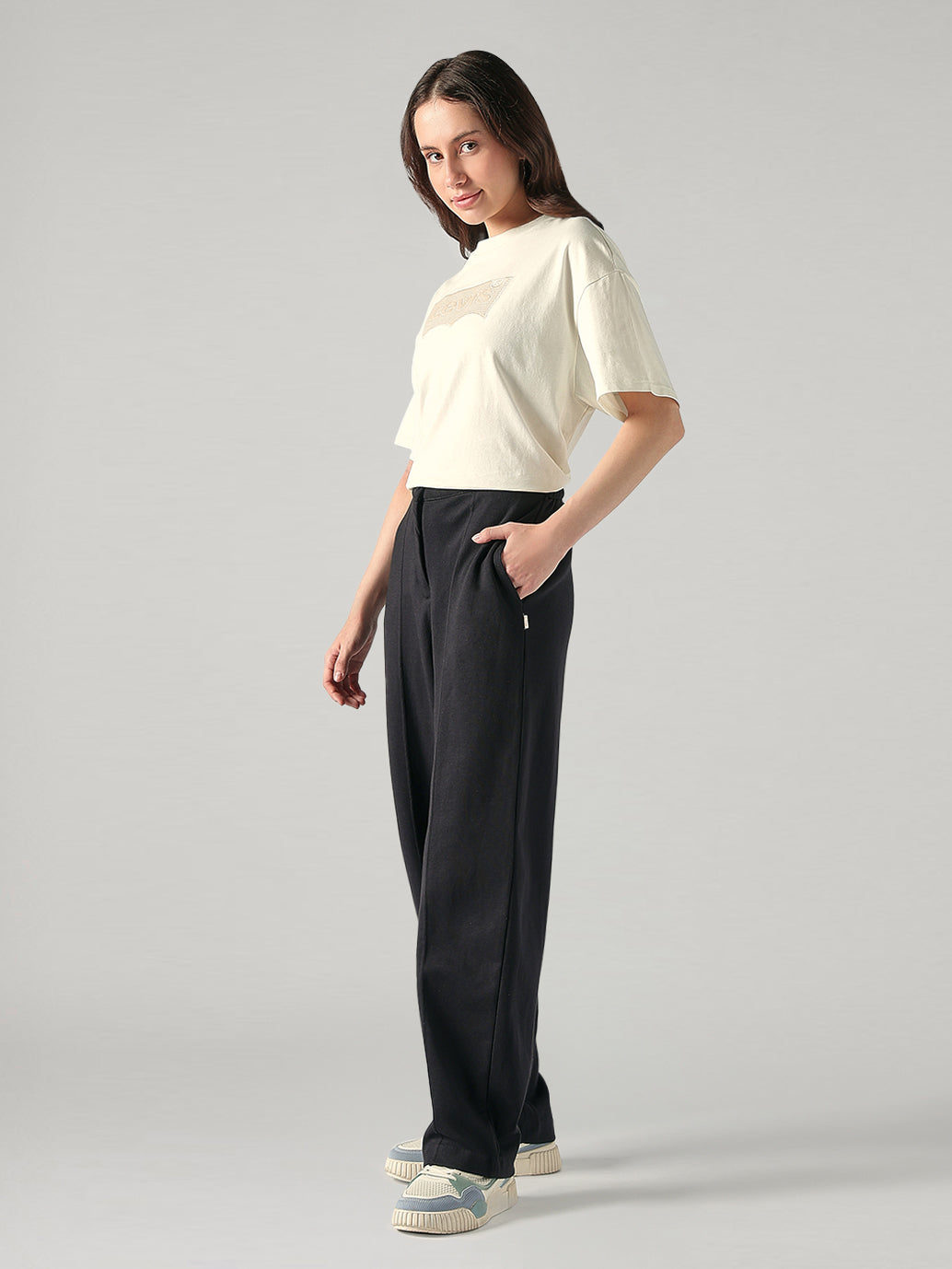 Women's 94 Black Baggy Fit Mid Rise Easy Trousers - Side View