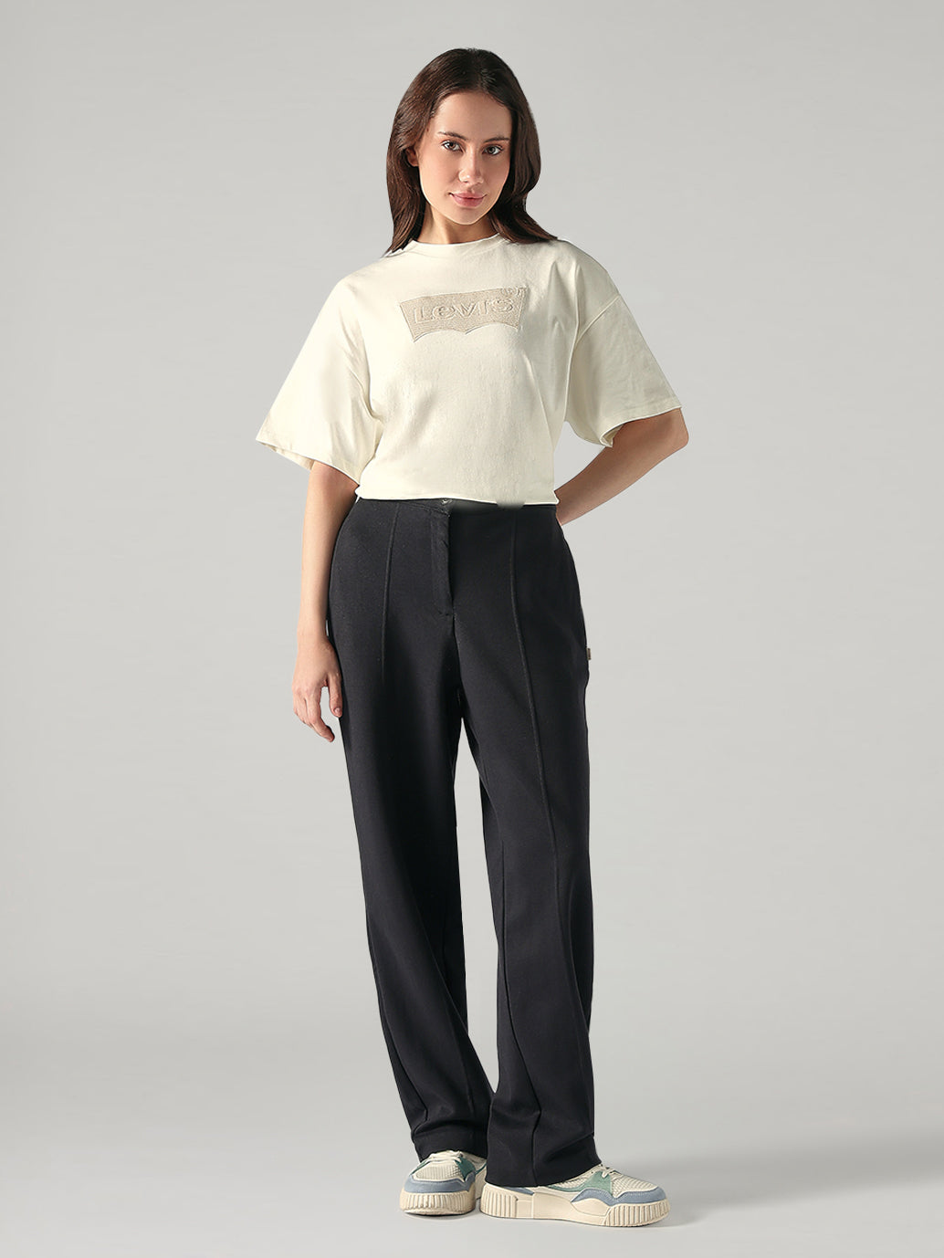 Women's 94 Black Baggy Fit Mid Rise Easy Trousers - Fullshot View