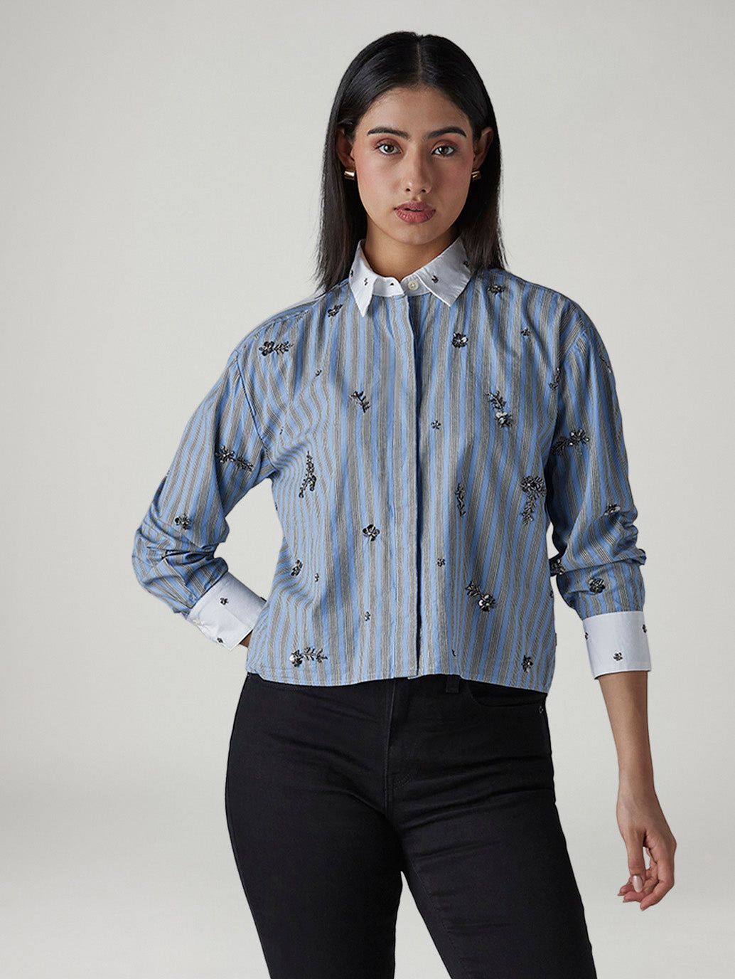 Women's Striped Embellished Relaxed Fit Shirt