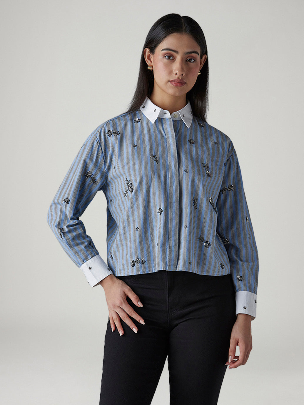 Women's Striped Embellished Relaxed Fit Shirt - Front View