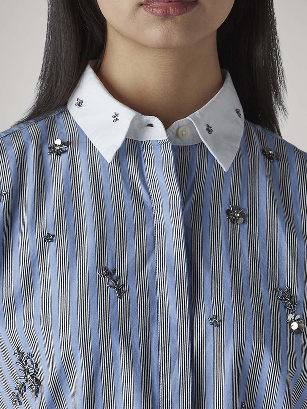 Women's Striped Embellished Relaxed Fit Shirt - Detail View