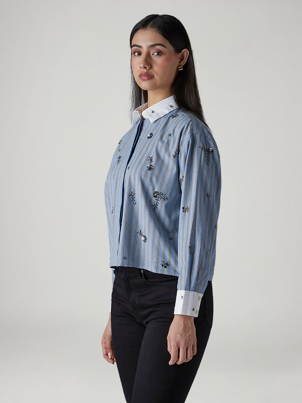 Women's Striped Embellished Relaxed Fit Shirt - Side View