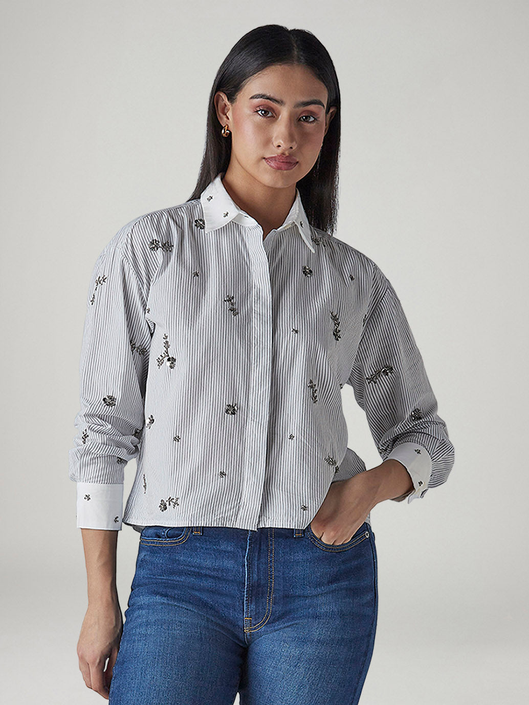 Women's Striped White Relaxed Fit Poplin Shirt