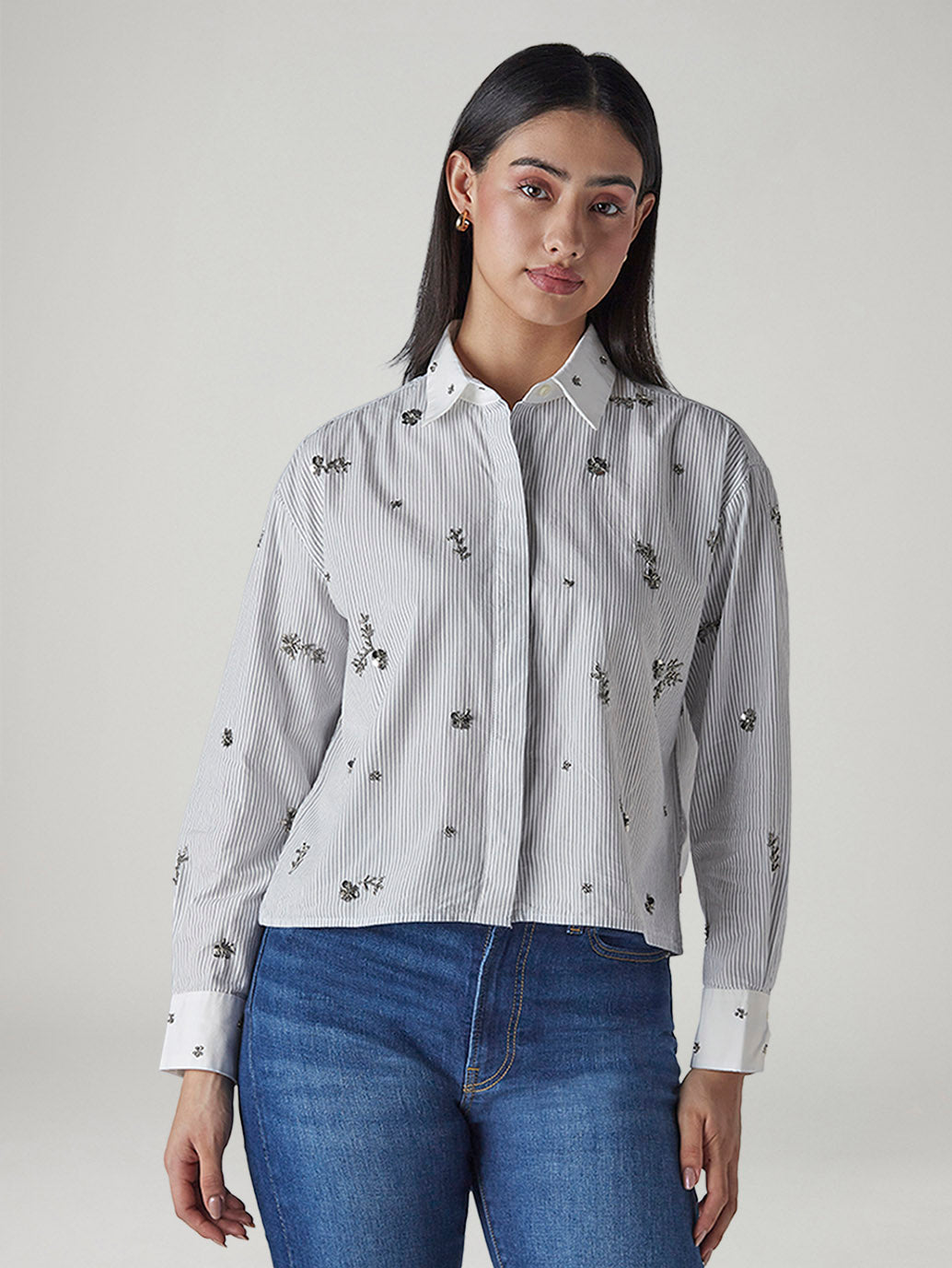 Women's Striped White Relaxed Fit Poplin Shirt - Front View
