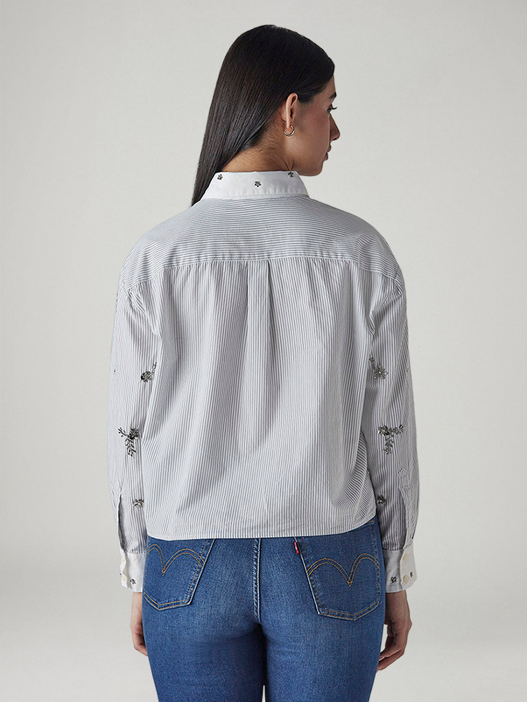 Women's Striped White Relaxed Fit Poplin Shirt - Back View