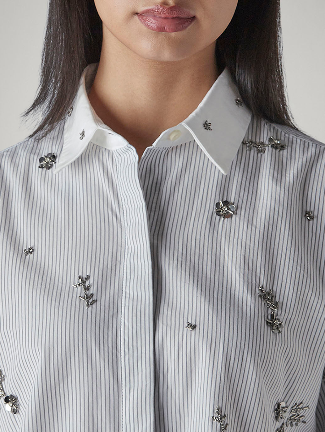 Women's Striped White Relaxed Fit Poplin Shirt - Detail View