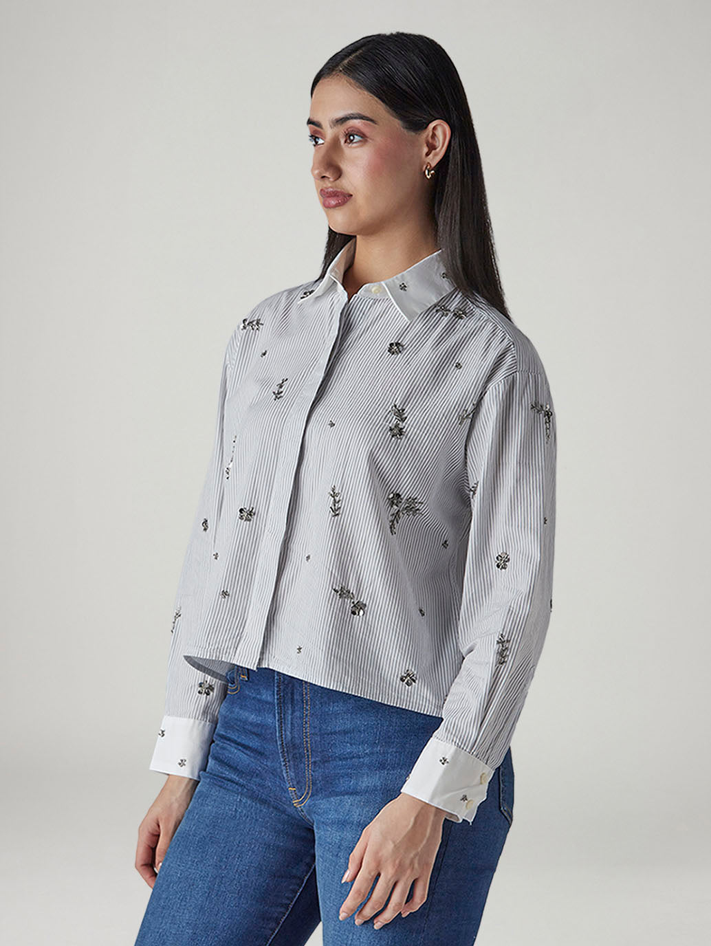 Women's Striped White Relaxed Fit Poplin Shirt - Side View