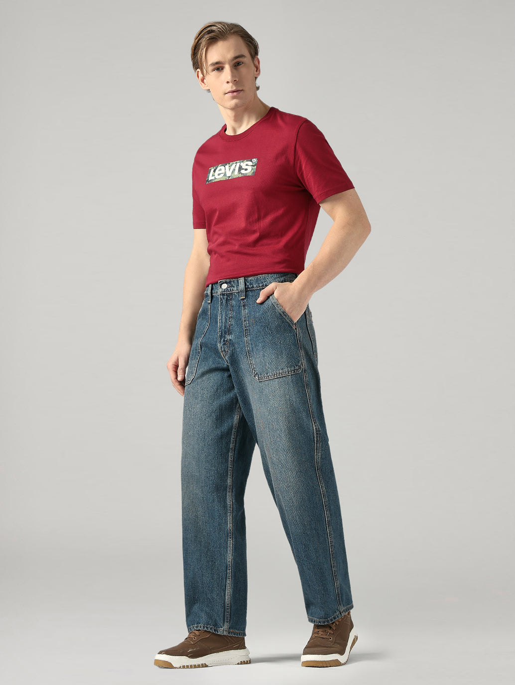 Men's Blue Baggy Fit Mid Rise Jeans - Styleshot View
