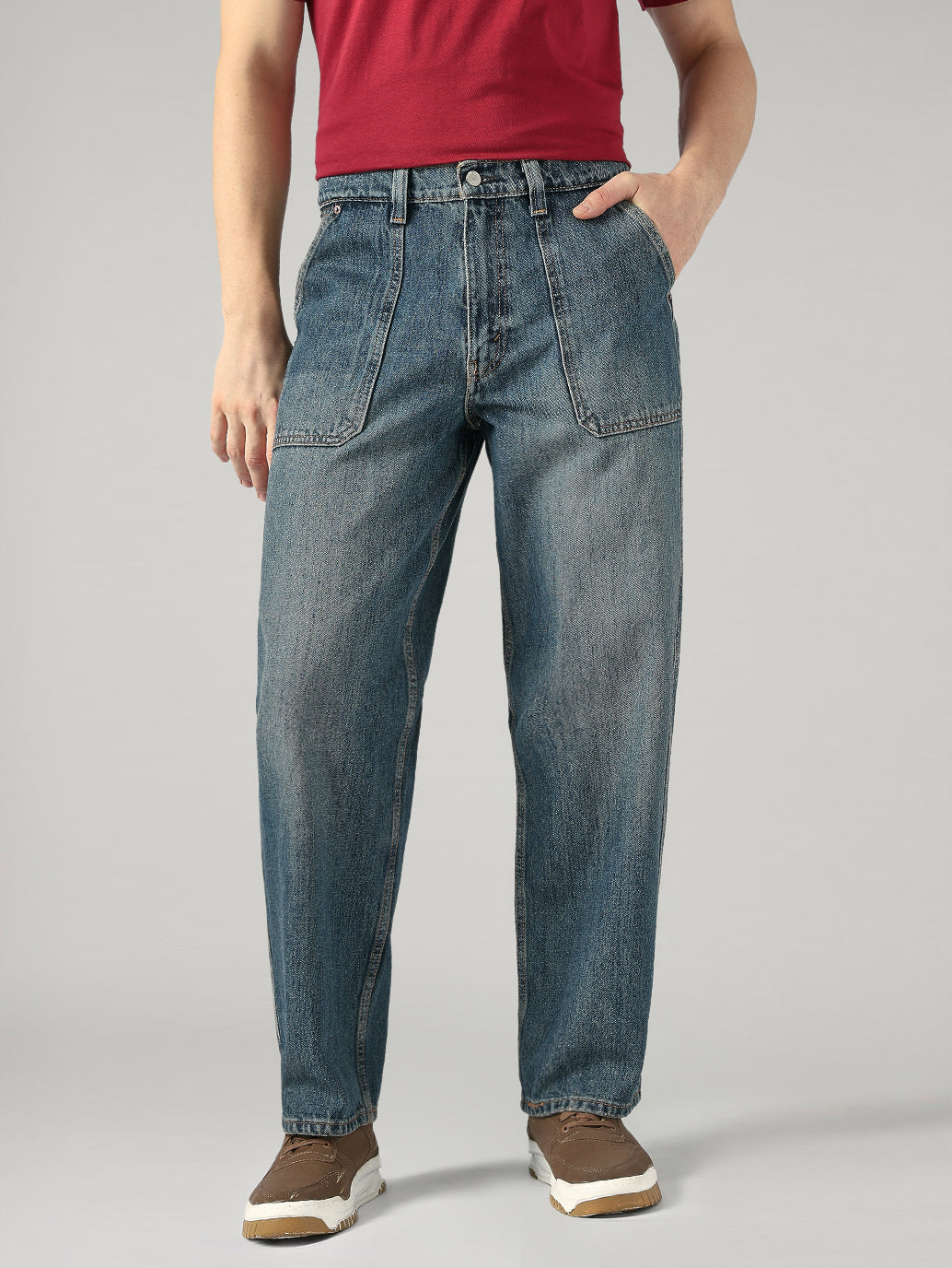 Men's Blue Baggy Fit Mid Rise Jeans - Front View