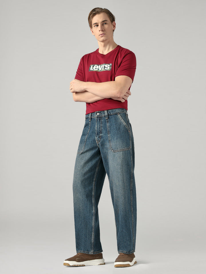 Men's Blue Baggy Fit Mid Rise Jeans