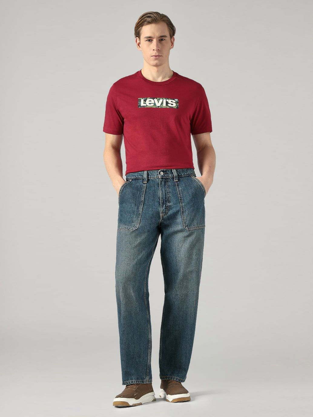 Men's Blue Baggy Fit Mid Rise Jeans - Front View