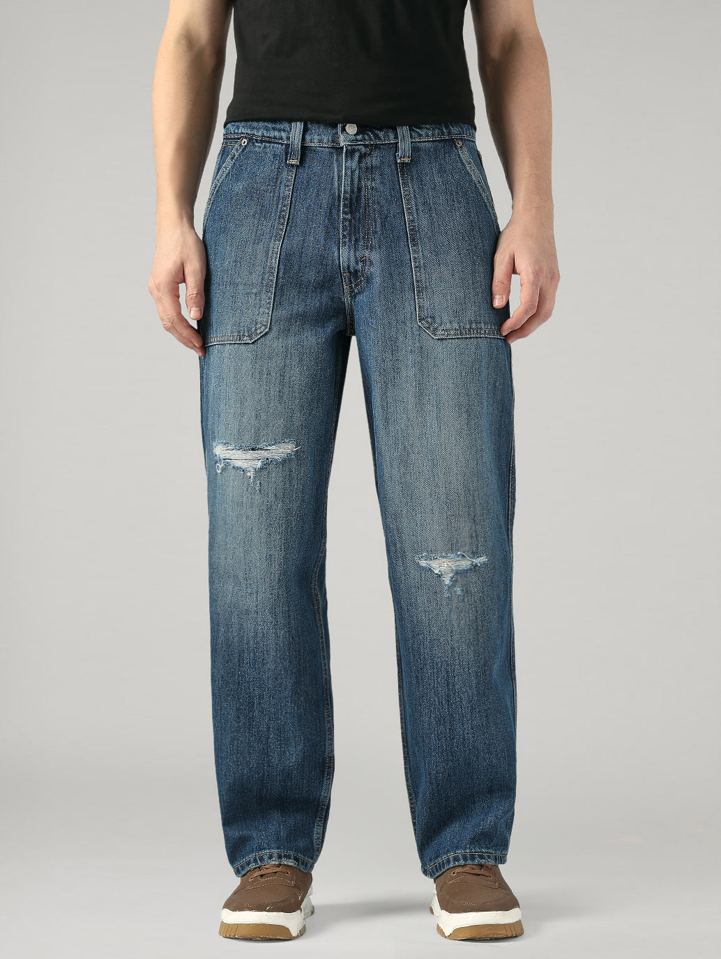 Men's Dark Blue Baggy Fit Mid Rise Jeans - Front View