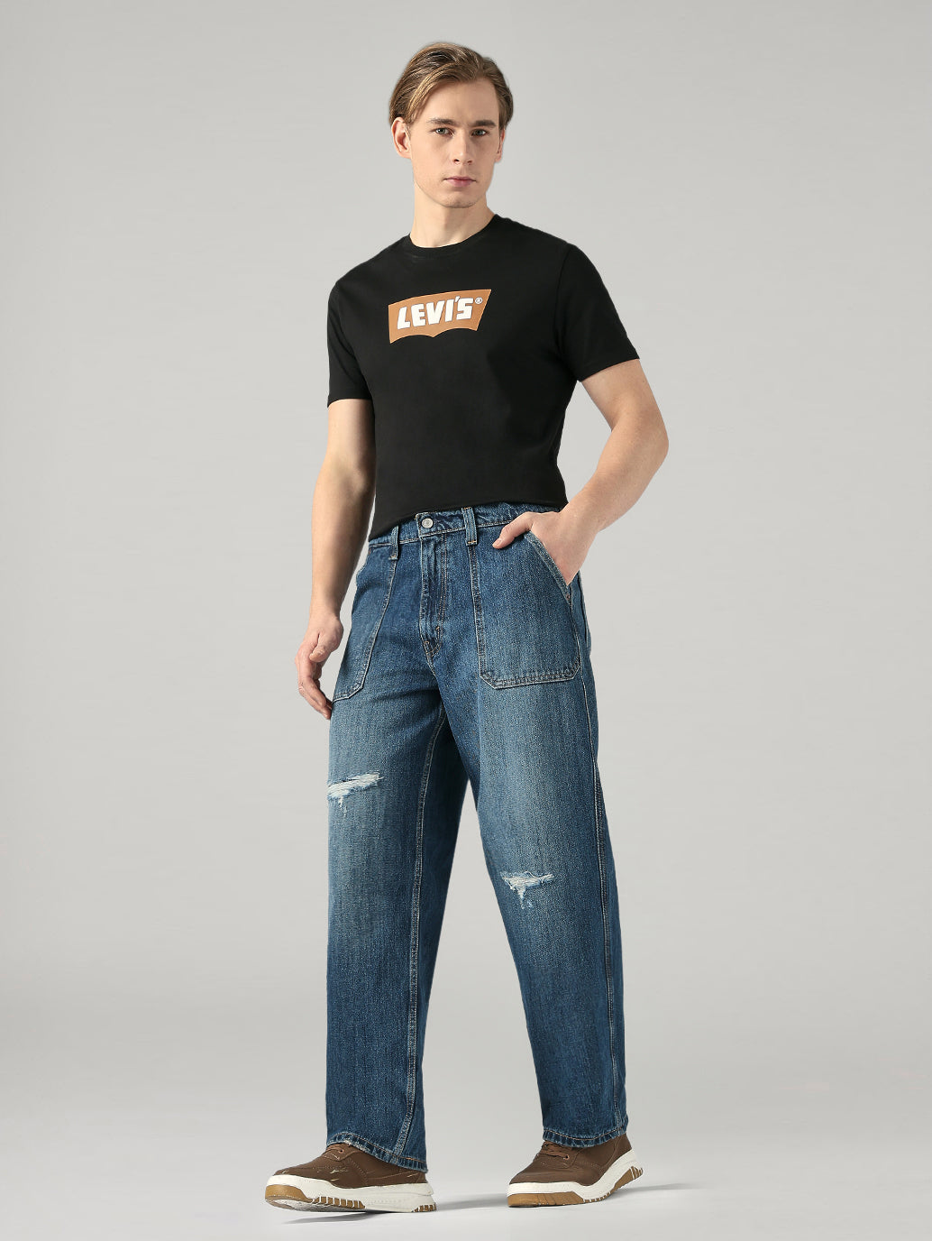Men's Dark Blue Baggy Fit Mid Rise Jeans - Side View