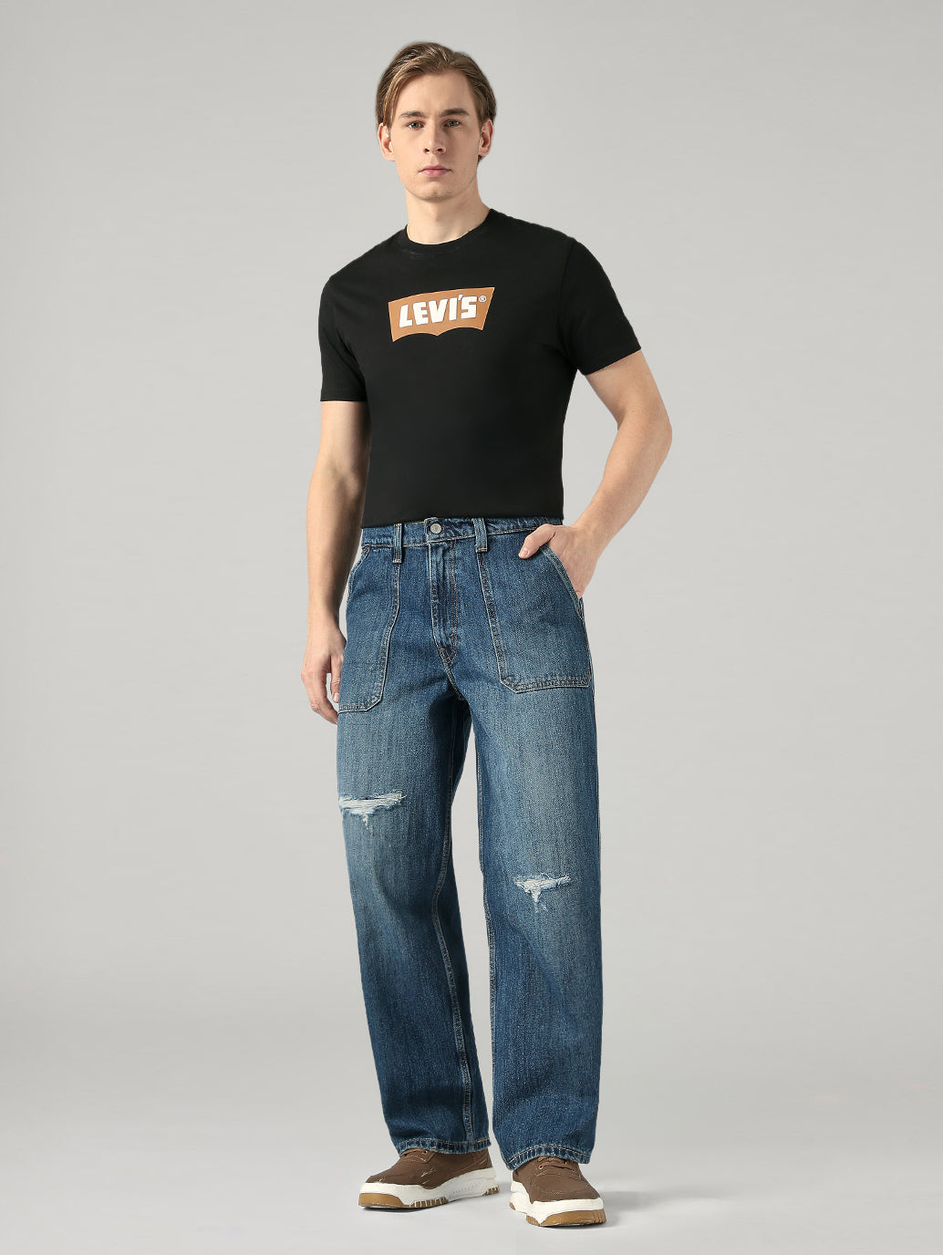 Men's Dark Blue Baggy Fit Mid Rise Jeans - Front View