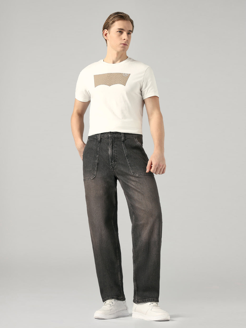 Men's Charcoal Grey Baggy Fit Mid Rise Jeans - Styleshot View