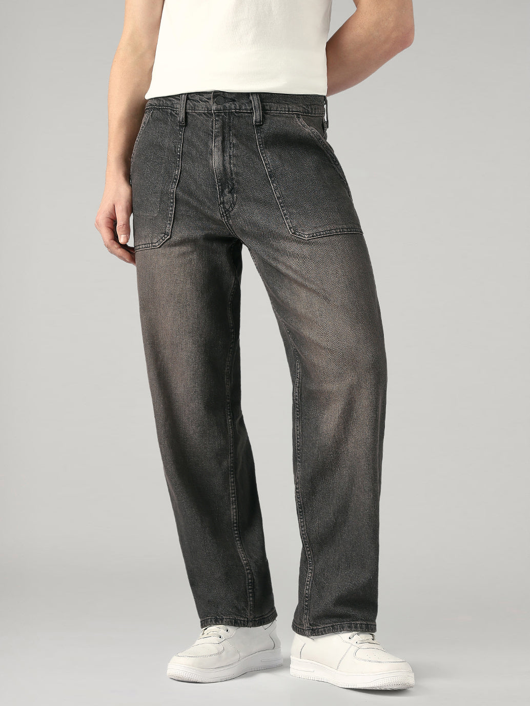 Men's Charcoal Grey Baggy Fit Mid Rise Jeans - Front View