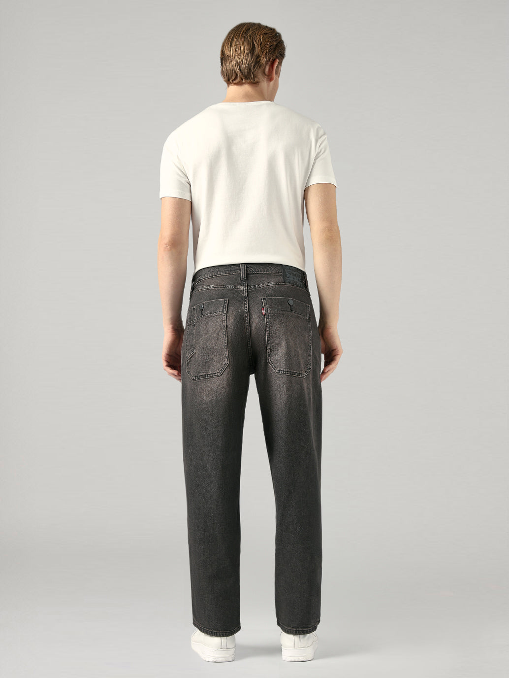Men's Charcoal Grey Baggy Fit Mid Rise Jeans - Back View
