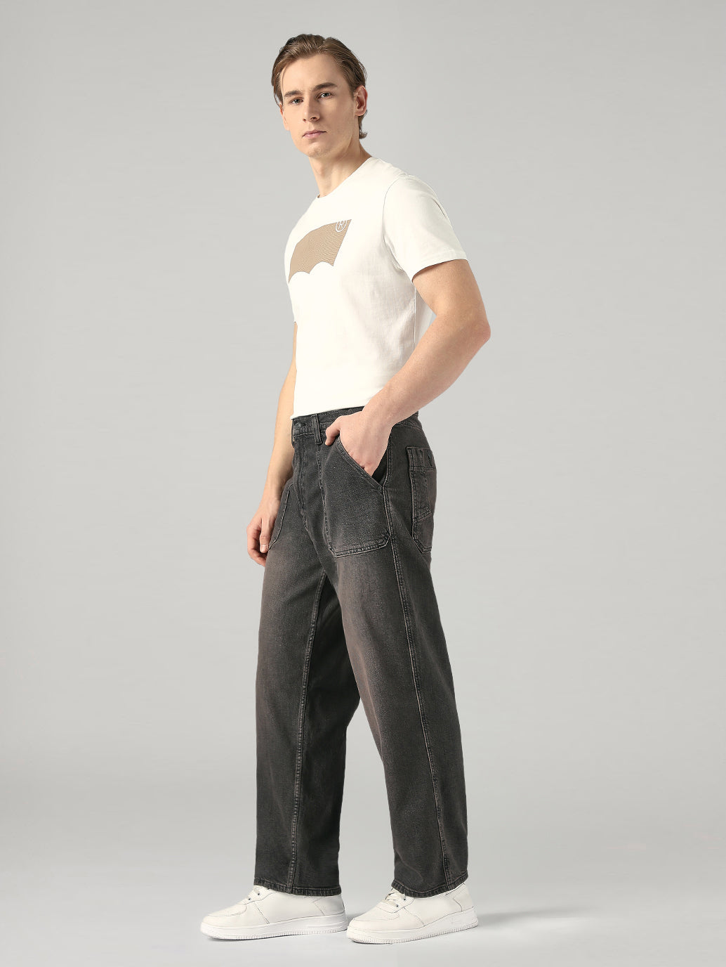 Men's Charcoal Grey Baggy Fit Mid Rise Jeans - Side View