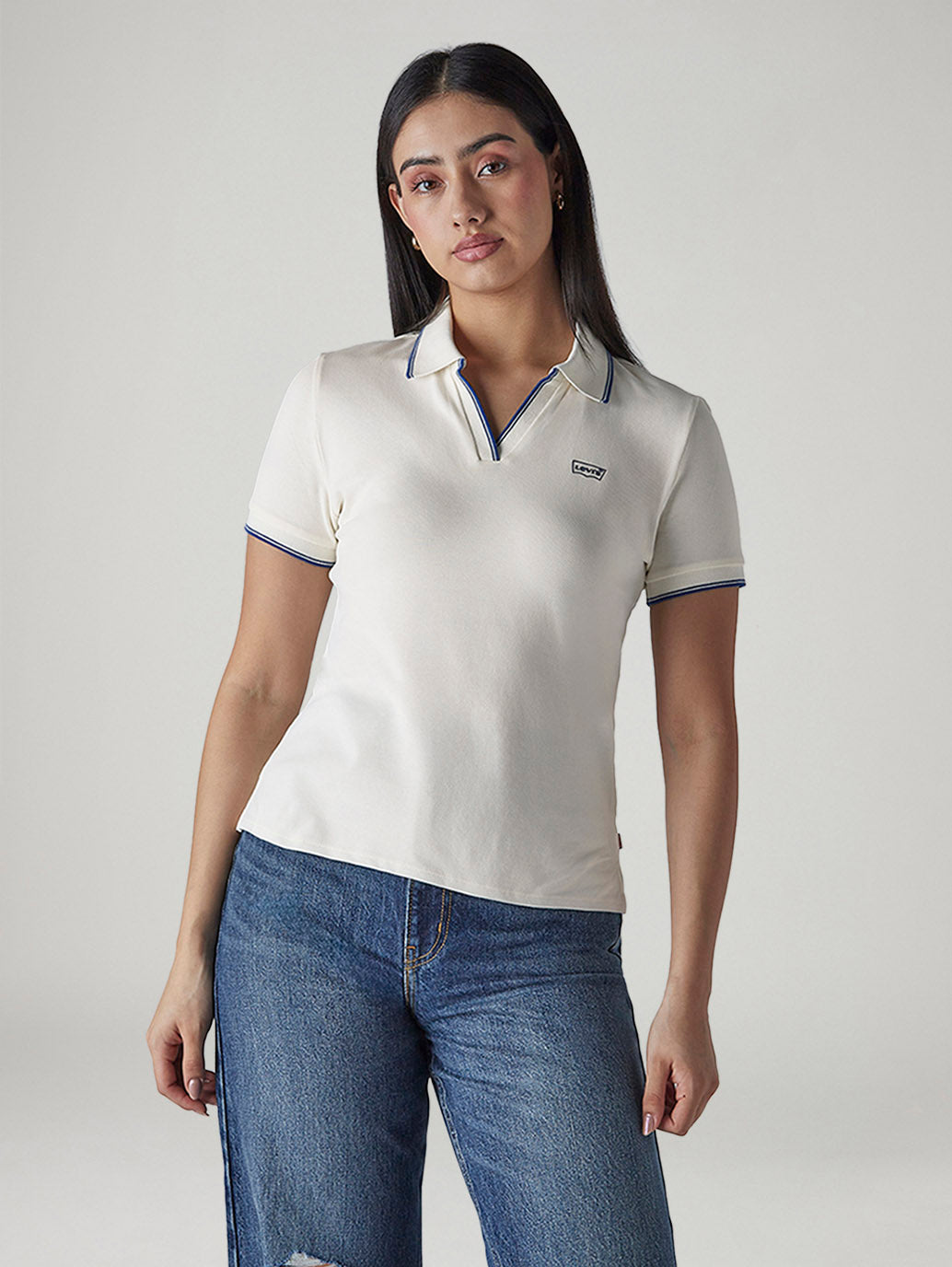 Women's Solid Off White Pique Polo T-shirt - Front View