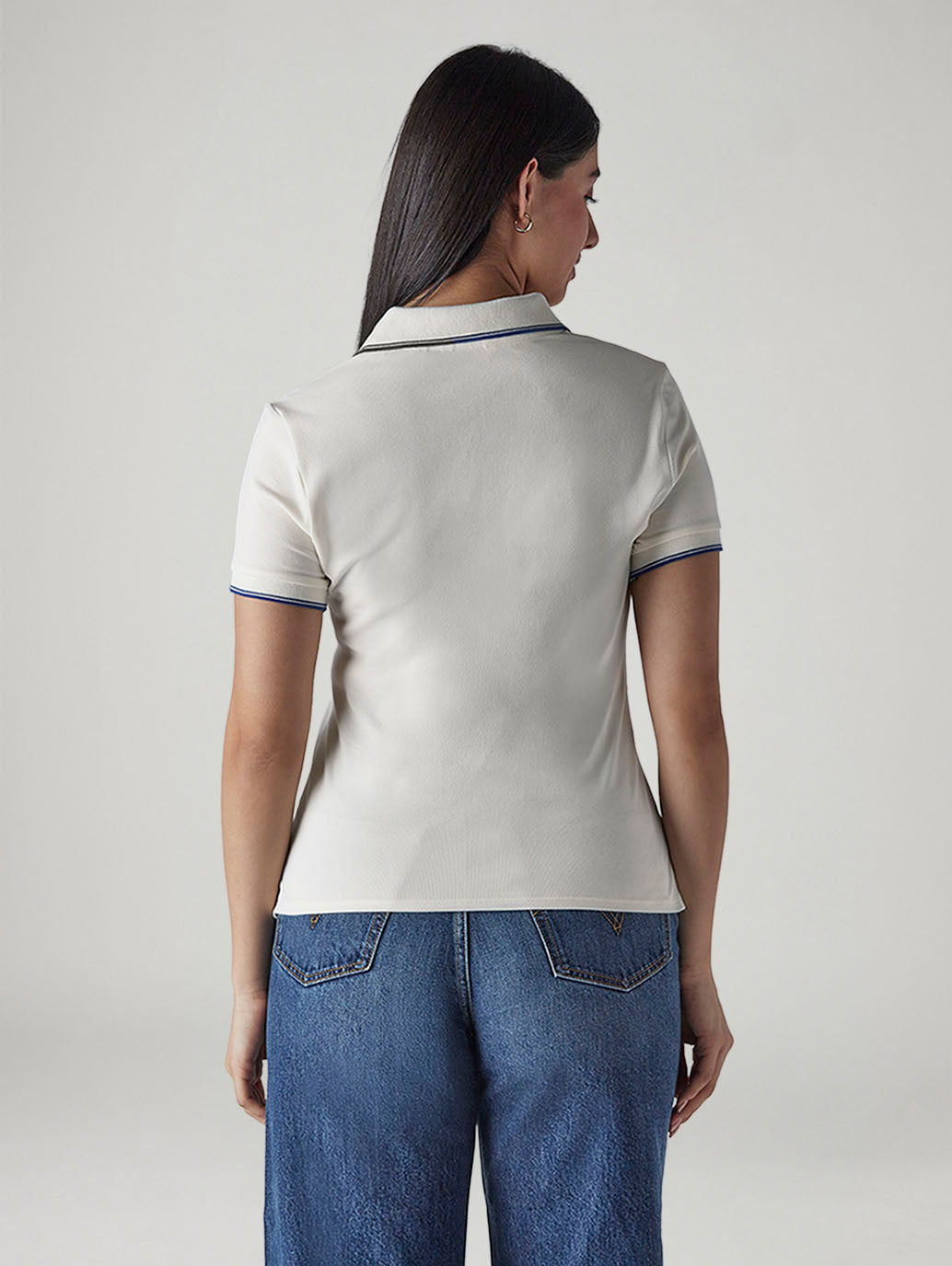 Women's Solid Off White Pique Polo T-shirt - Back View