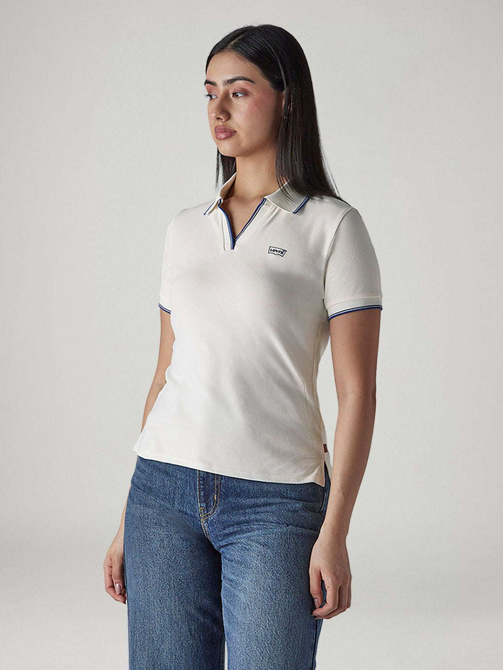 Women's Solid Off White Pique Polo T-shirt - Side View