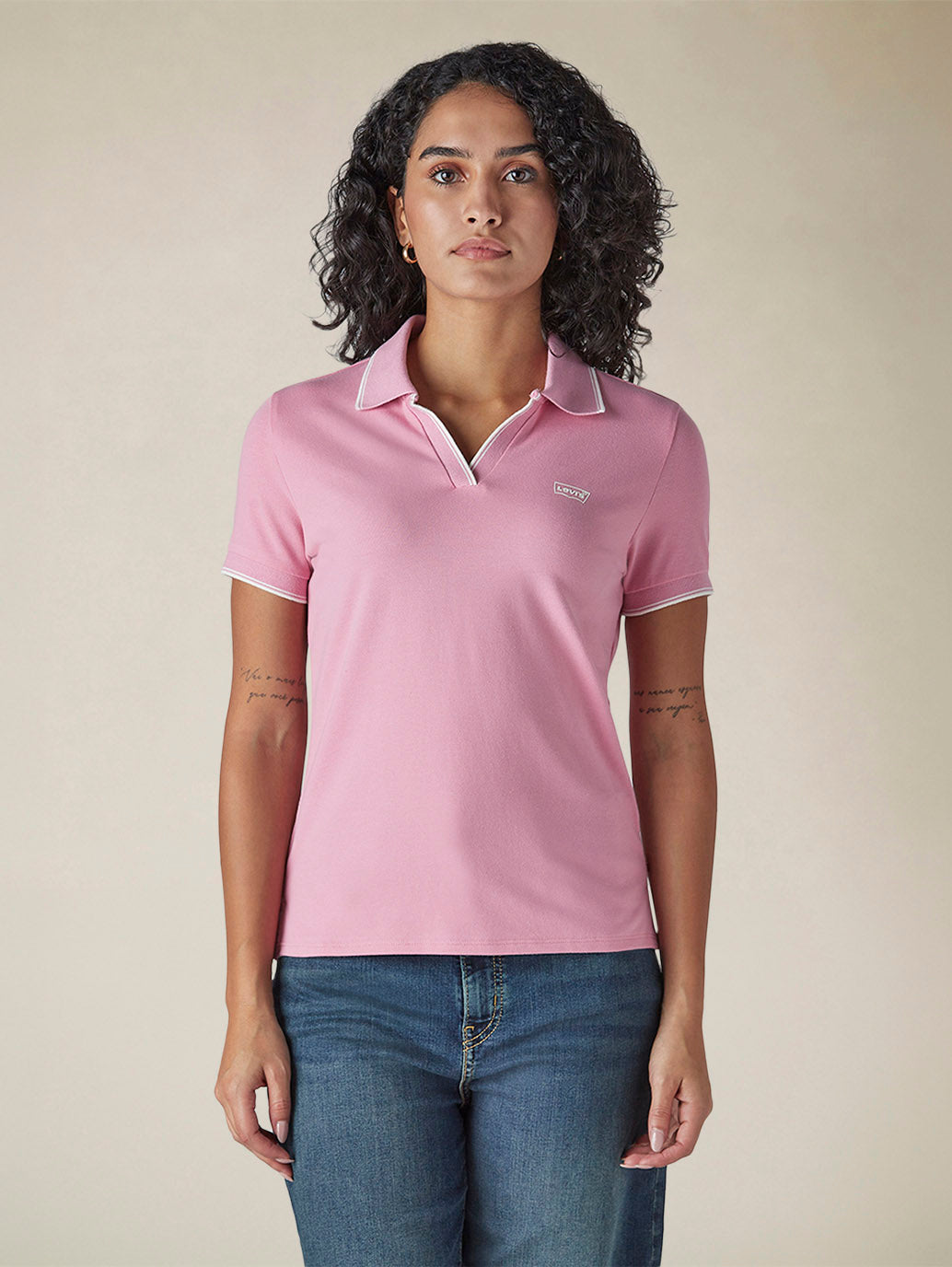 Women's Solid Pink Pique Polo T-shirt - Front View