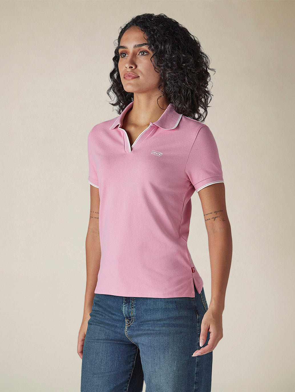 Women's Solid Pink Pique Polo T-shirt - Side View