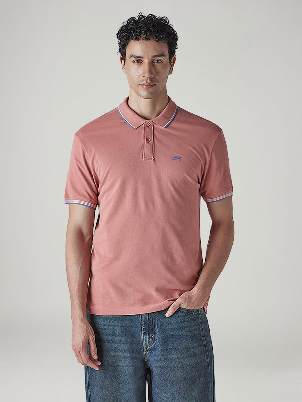 Men's Solid Peach Slim Fit Pique Polo T-shirt - Front View