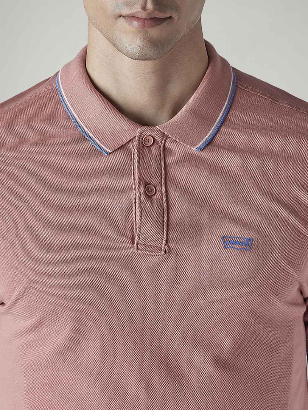 Men's Solid Peach Slim Fit Pique Polo T-shirt - Detail View