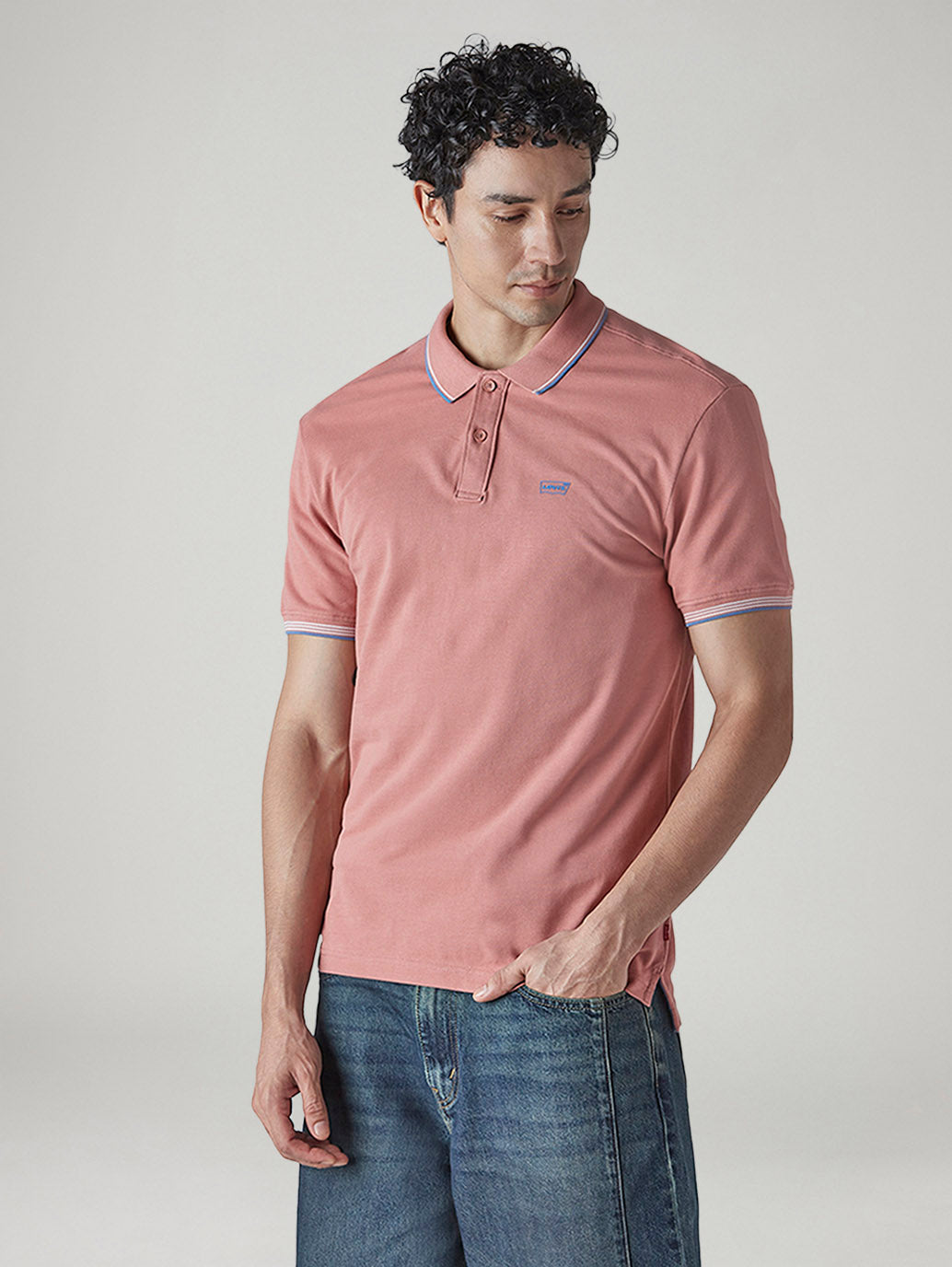 Men's Solid Peach Slim Fit Pique Polo T-shirt - Side View