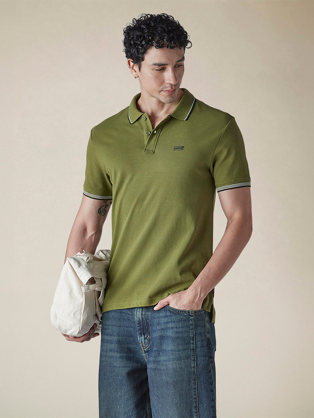 Men's Solid Olive Slim Fit Pique Polo T-shirt