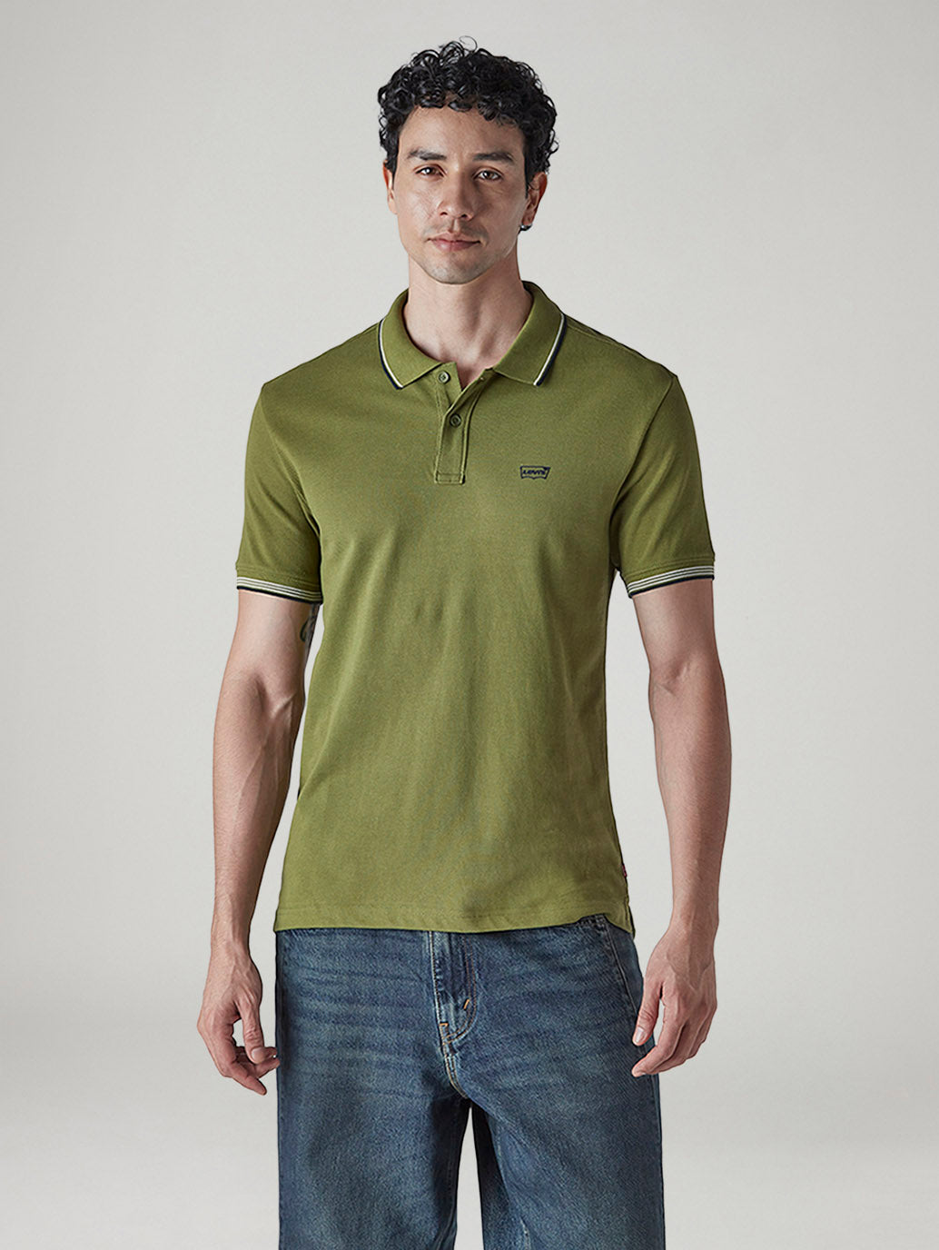 Men's Solid Olive Slim Fit Pique Polo T-shirt - Front View