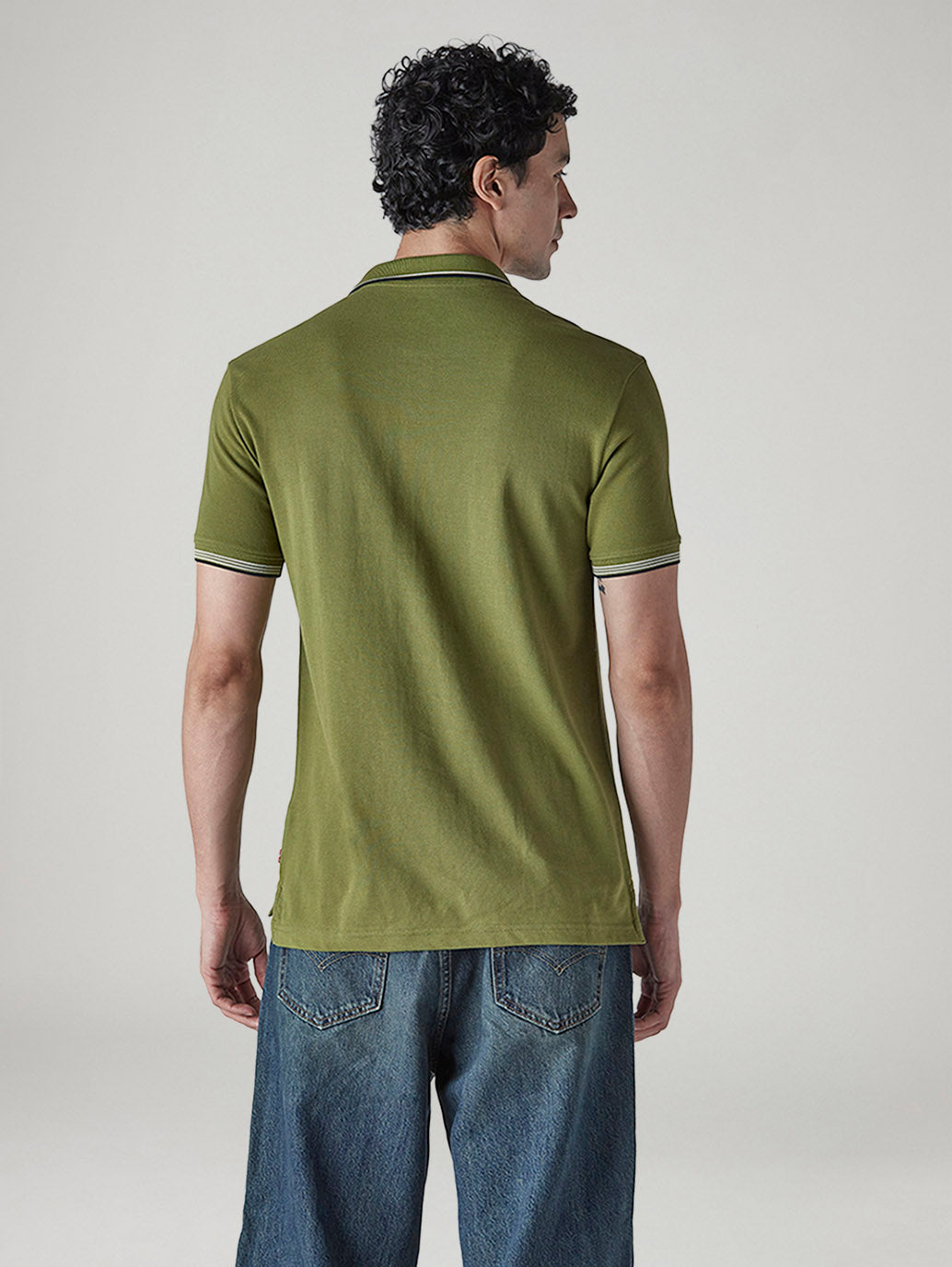 Men's Solid Olive Slim Fit Pique Polo T-shirt - Back View