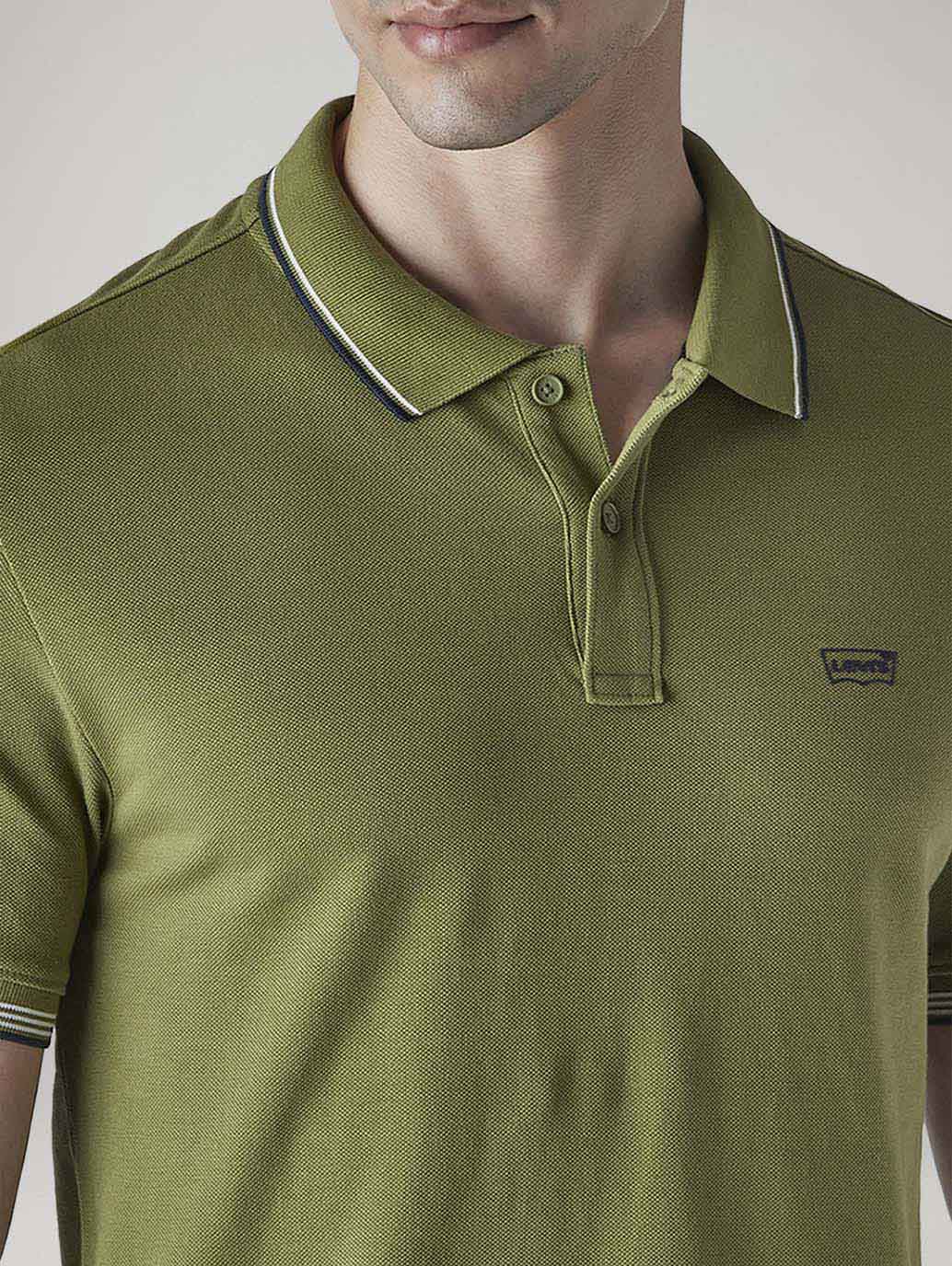 Men's Solid Olive Slim Fit Pique Polo T-shirt - Detail View