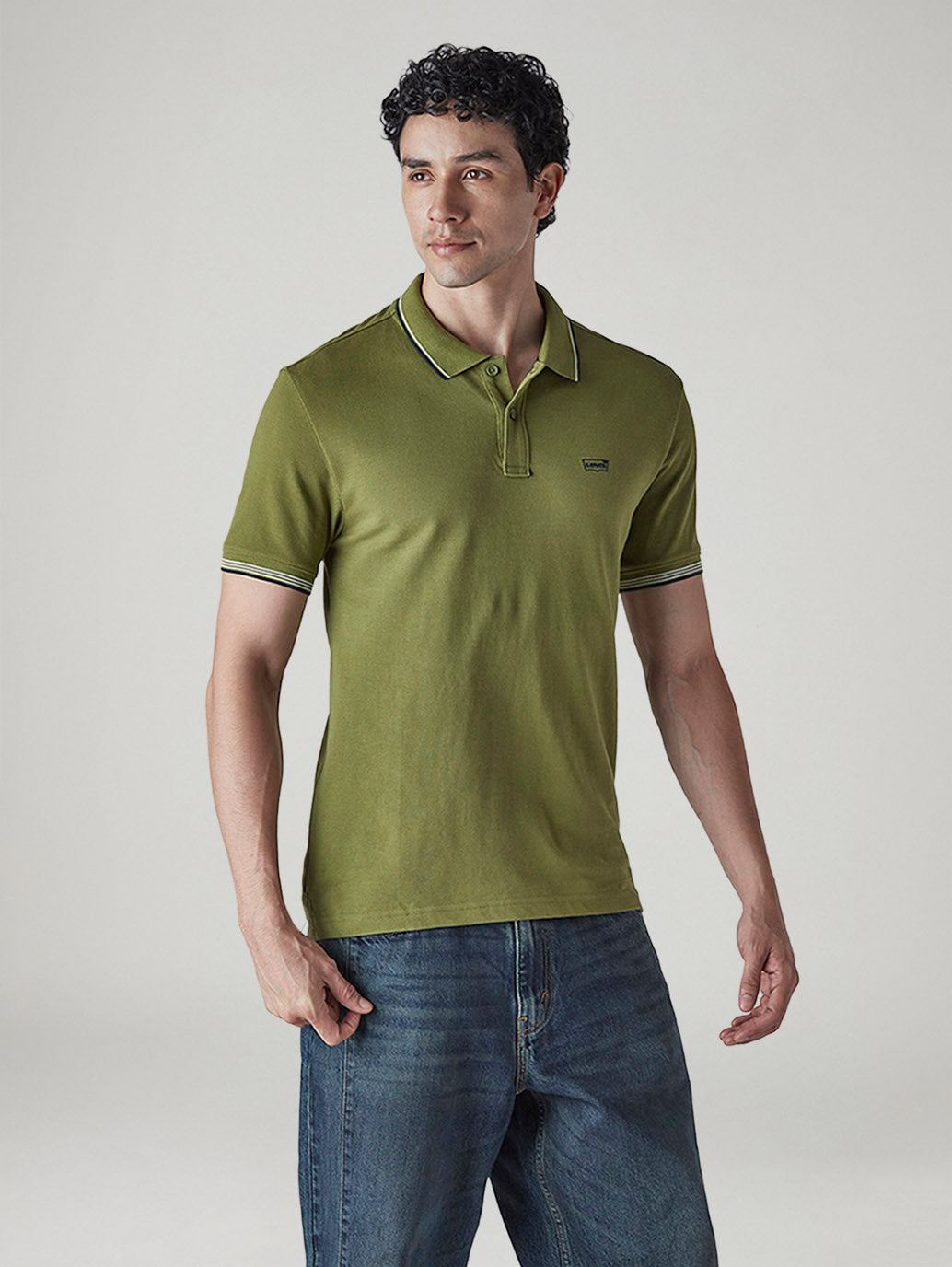 Men's Solid Olive Slim Fit Pique Polo T-shirt - Side View
