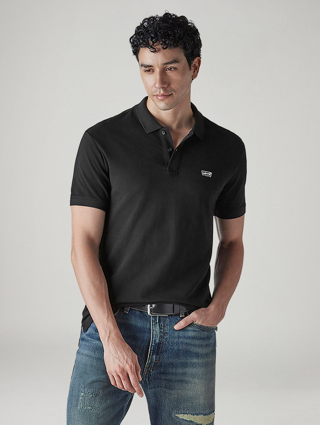 Men's Solid Black Slim Fit Pique Polo T-shirt - Styleshot View