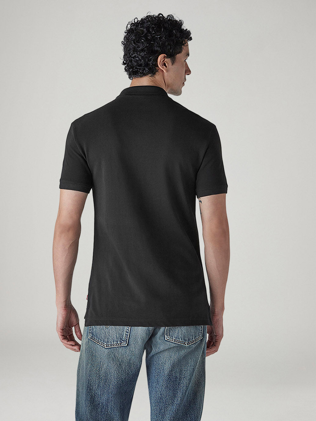 Men's Solid Black Slim Fit Pique Polo T-shirt - Back View